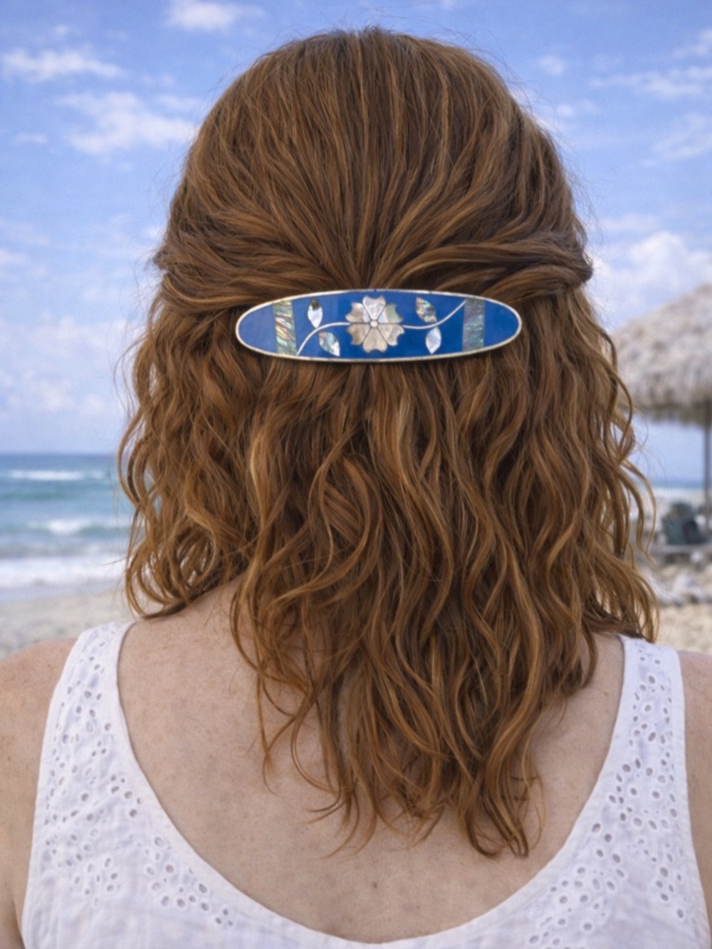 Vintage Blue Enamel and Abalone Shell Barrette